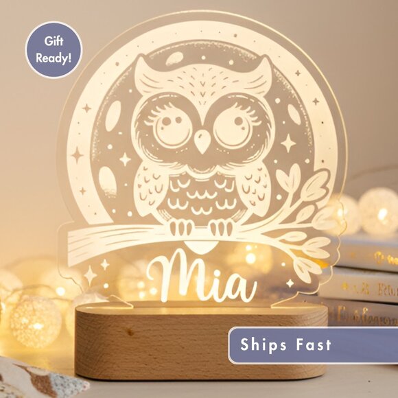 Custom Owl Night Light – Personalized Moon LED Bedroom Sign - Picture 1 of 8